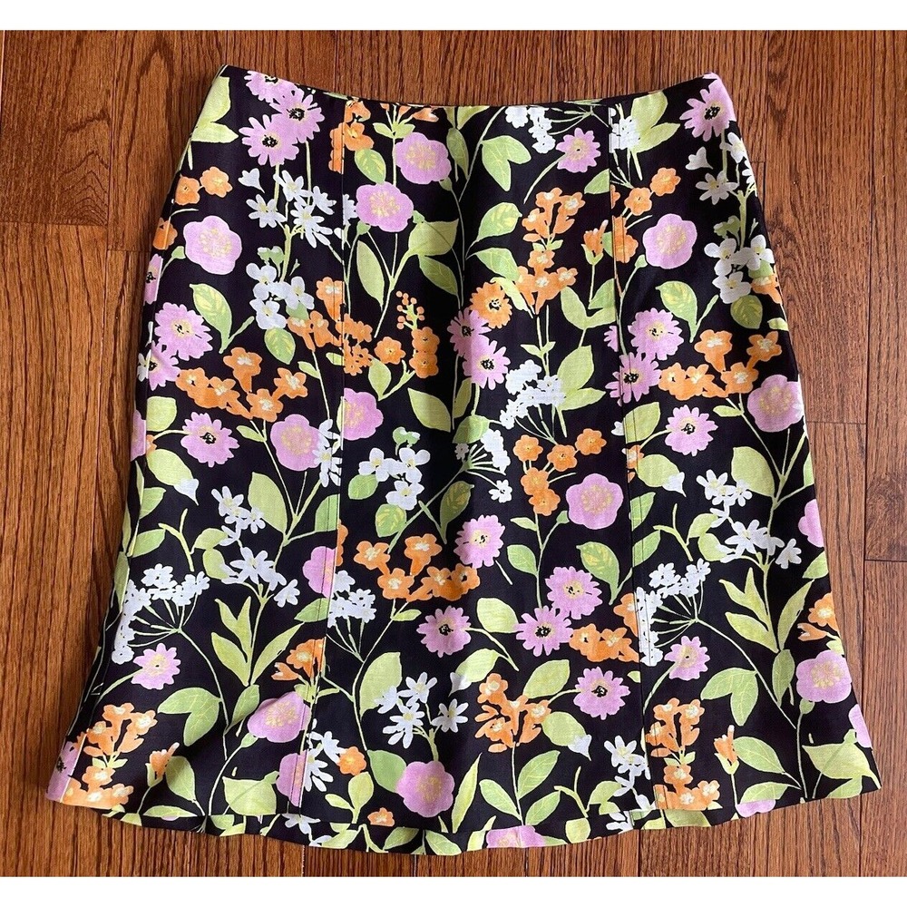 Sigrid Olsen Women 6 Linen Blend Skirt Y2K Floral A-Line‎ Black Bright Spring